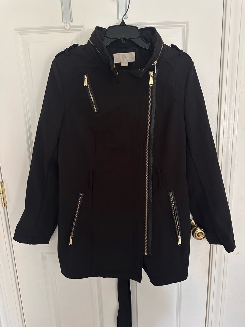 MICHAEL Michael Kors Black Trench Coat with Gold Zippers
